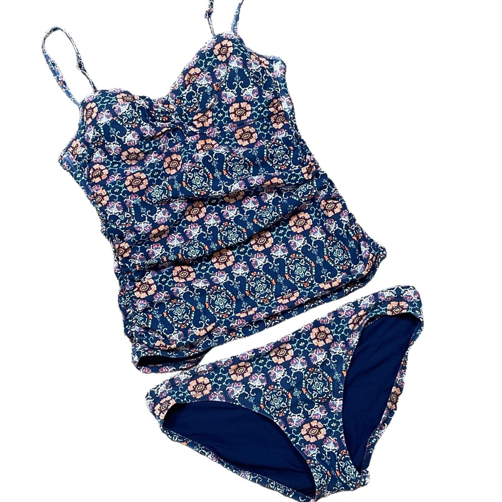 Helen Jon Tankini Swimsuit Set Women S/M Navy Blue Medallion Ruched Boho Resort
